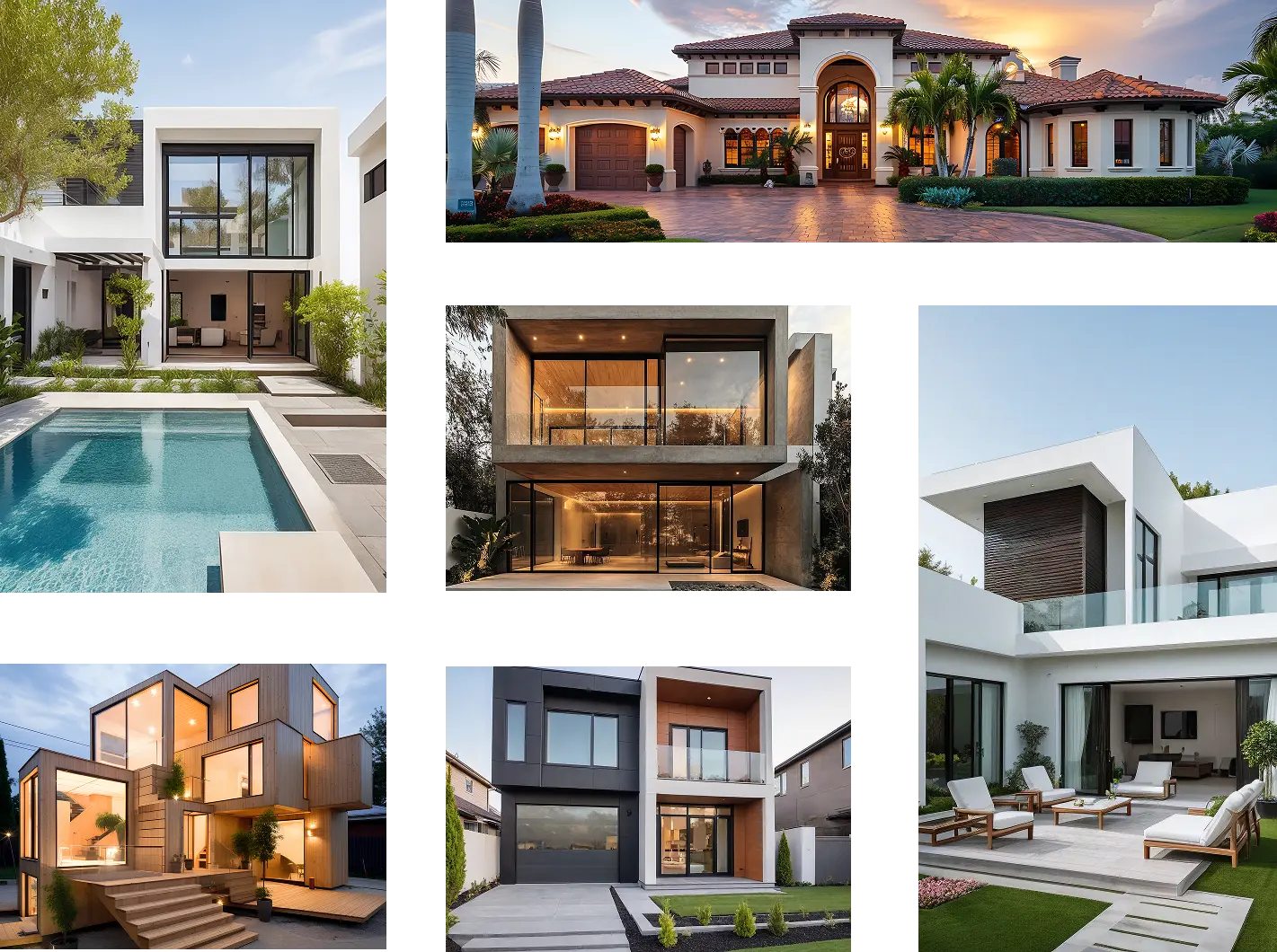 Collage de casas modernas con distintos estilos arquitectónicos.