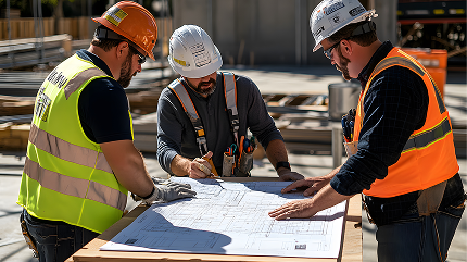 Equipo de obra revisando planos en plena ejecución del proyecto.