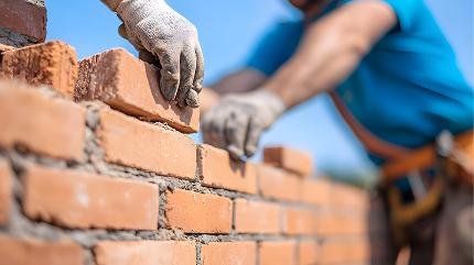 Manos colocando ladrillos durante la obra de construcción de vivienda.